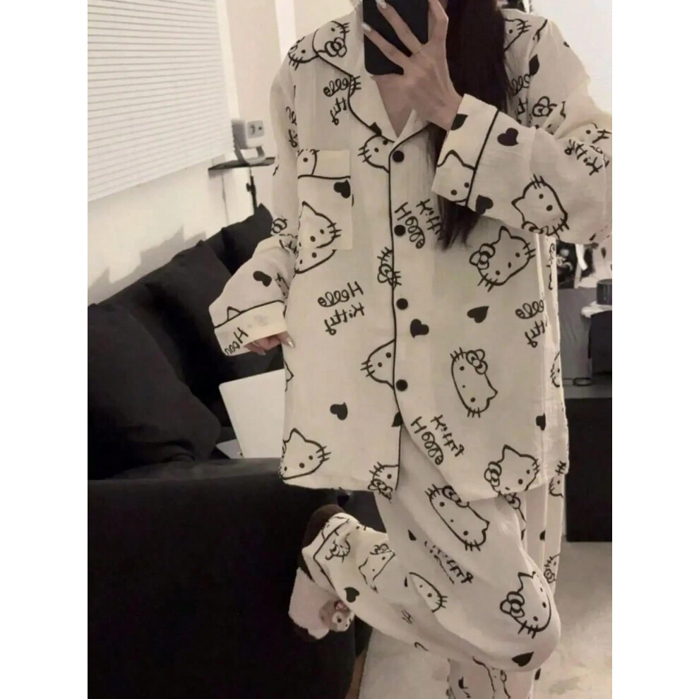 (XXL) Hello Kitty Women's Cartoon Pajama Set - Long Sleeve Loungewear for Spring/Fall, Cozy Home & Outdoor Wear