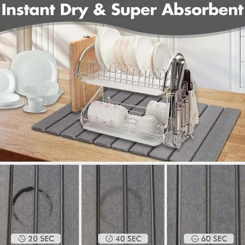 (DARK GREY) Quick Dry Foldable Stone Dish Drying Mat,Non-Slip Reusable Diatomite Drainer Pad 1