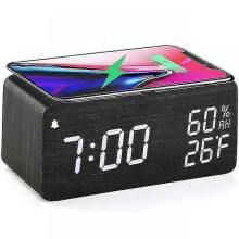 Wooden Digital Alarm Clock with Wireless Charging 3 Alarm Clock Led Displays Sound Control And Snooze Compatible Bedroom Office