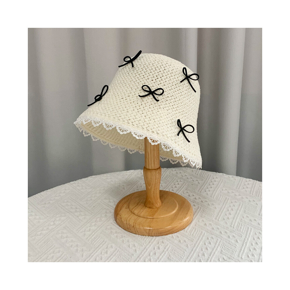 (Ivory)Chapeau été femme pêcheur mode noeud décoration chapeau tricoté respirant