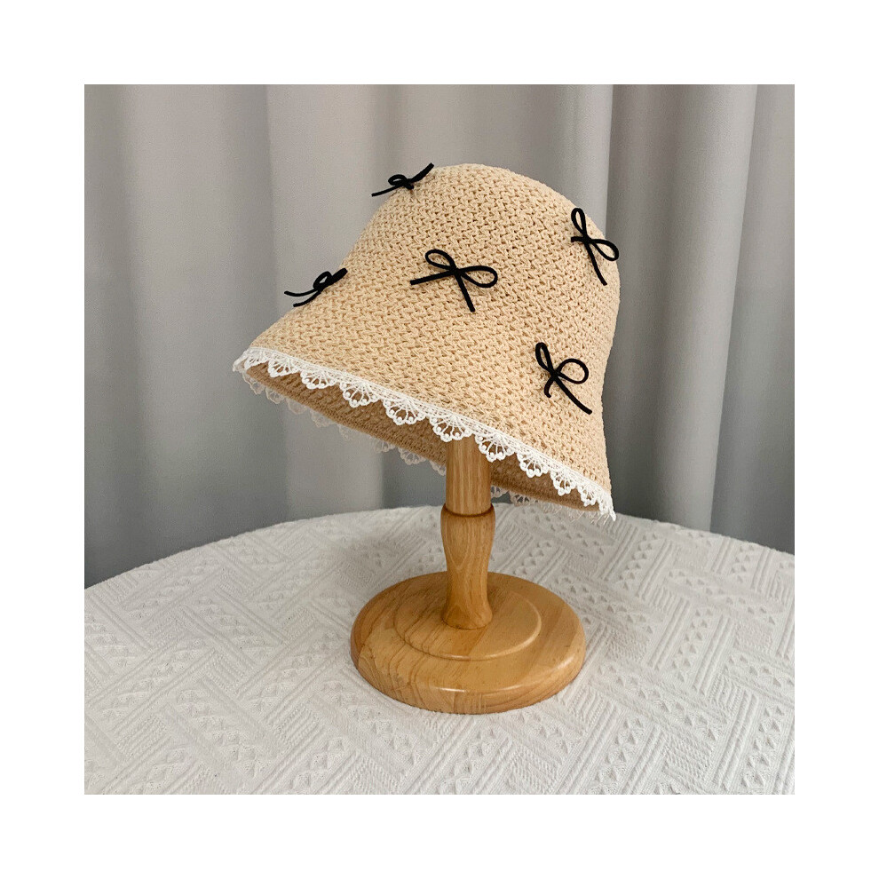 (Beige)Chapeau été femme pêcheur mode noeud décoration chapeau tricoté respirant