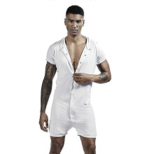 (GREY, L) Mens Short Sleeve Onesie Button Down Jumpsuit Pajamas Stretchy Workout Tracksuit