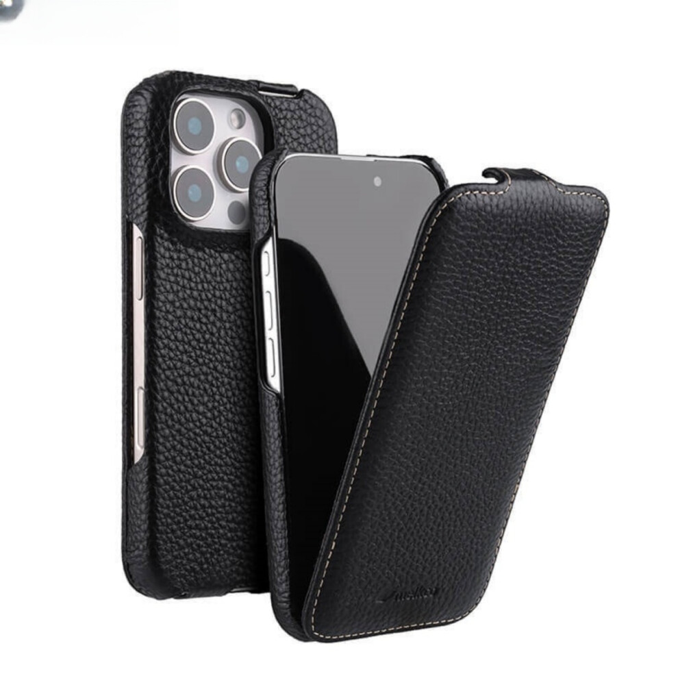 Melkco Compatible For Iphone 16 Genuine Cow Leather+Pc Phone Case Vertical Flip Litchi Texture Protective Cover 9122581613569