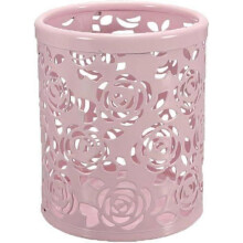 Hollow Rose Flower Stationery Storage Box Metal Pen Cup Holder Desk Storage Box (Pink)