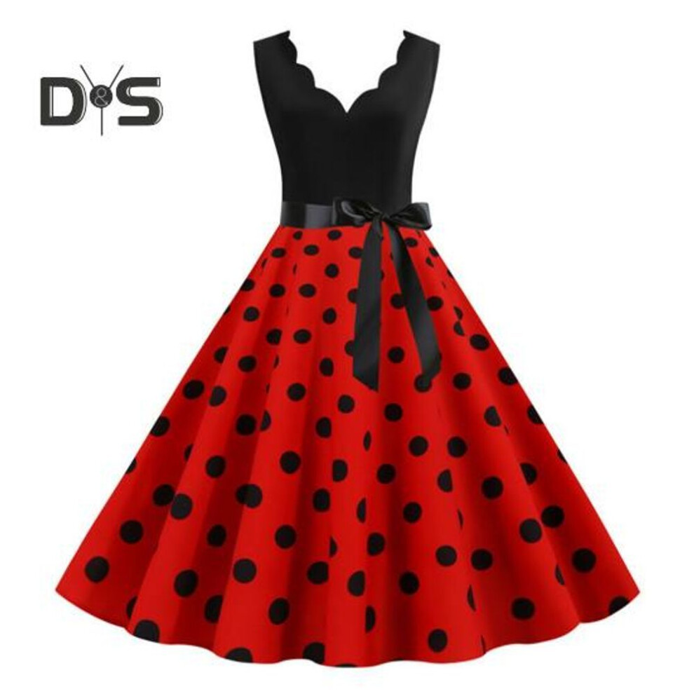 (red, L) Women Midi Dress Flower Edge V Neck Lace Up Tight High Waist Bow Decor Sleeveless A-line Loose Hem Dot Print Retro 50s 60s Lady Backless Prom Party