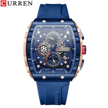 (RGBE)Orologio sportivo cronografo al quarzo da uomo con cinturino in silicone blu, quadrante tonneau,