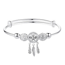 Bracelet à breloques et pompon en argent sterling 925 avec plumes et attrape-rêves, réglable, idéal pour la fête des mères ou Noël.