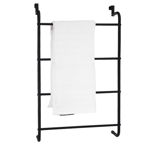 (Default) Black Over The Door Towel Rail, 4 Tier Towel Rack, Hanging Metal Towel Rack Holder with 4 Bars, Over Door or Wall Mounted, Bathroom Towel Rack