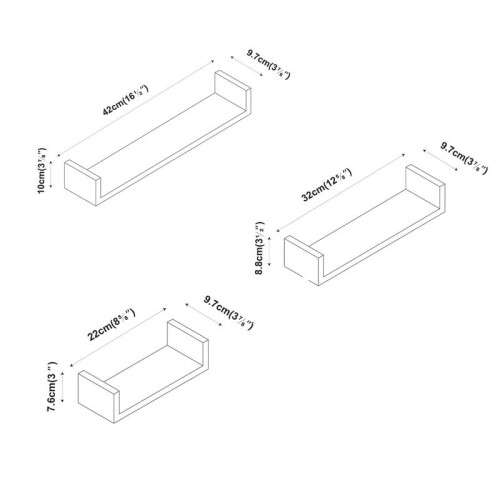 (Grey) Set of 3 U-Shaped Floating Wall-Mounted Shelves 1