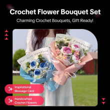 (Light Blue, one-size) Artificial Flower Bouquet, 2 Counts/set Handcrafted Crochet Flower Bouquet with Inspirational Message Card, Ideal for Weddings & Home Decor