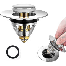 Universal Bathroom Sink Stopper, Pop Up With Strainer, Stainless Steel Push Type Sink Stopper