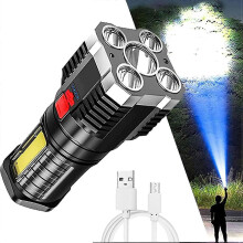 (Zwart) Vijf-nucleaire explosie LED-zaklamp, zaklampen LED super helder oplaadbaar, lange zijverlichting