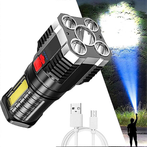 (Black)Five-nuclear Explosion Led Flashlight, Torches Led Super Bright Rechargeable, Side Light Long