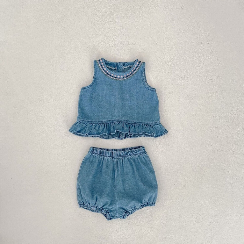 (80cm/31.50in) Summer Two Ready Piece Denim Set For Girls Crafted From Soft Cotton Fabric Adorable With Embroidery-image-OPC-PHKXHNZ-NEW