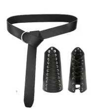 3 Piece Set Medieval Knight PU Leather Belt Set Viking Warrior Drawstring Wristband Halloween Role Play