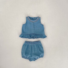 (80cm/31.50in) Ready Two Summer Piece Denim Set For Girls Crafted From Soft Cotton Fabric Adorable Embroidery With