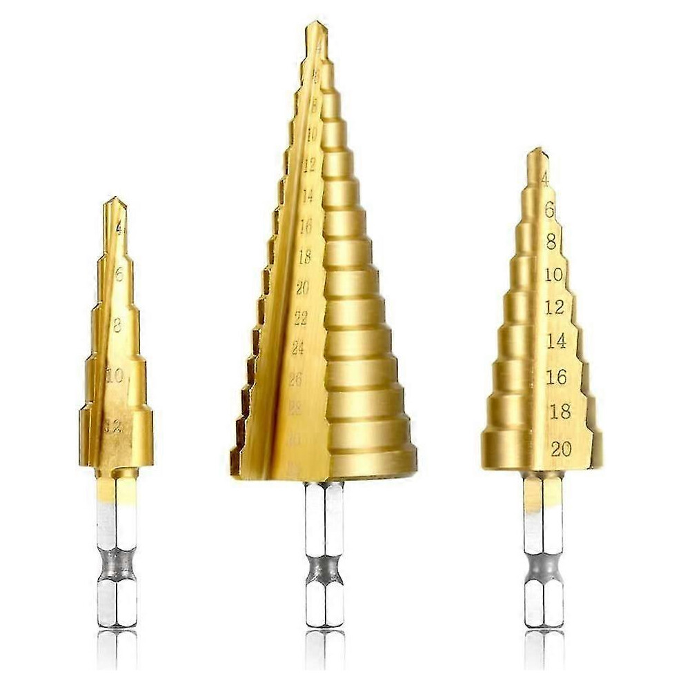 (As show, One size) 3pcs Step Countersink Drill Bit, Hss Stainless Steel, 4-12 / 20 / 32mm, Triangle Tapered Titanium, With Hex Shank-image-OPC-PHKZHFR-NEW