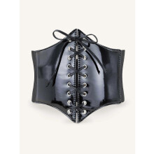 (Leather black, One size) Womens Steampunk Faux Leather Waspie Belt Corset Lace-up Tied Waspie Elastic Cinch Belt