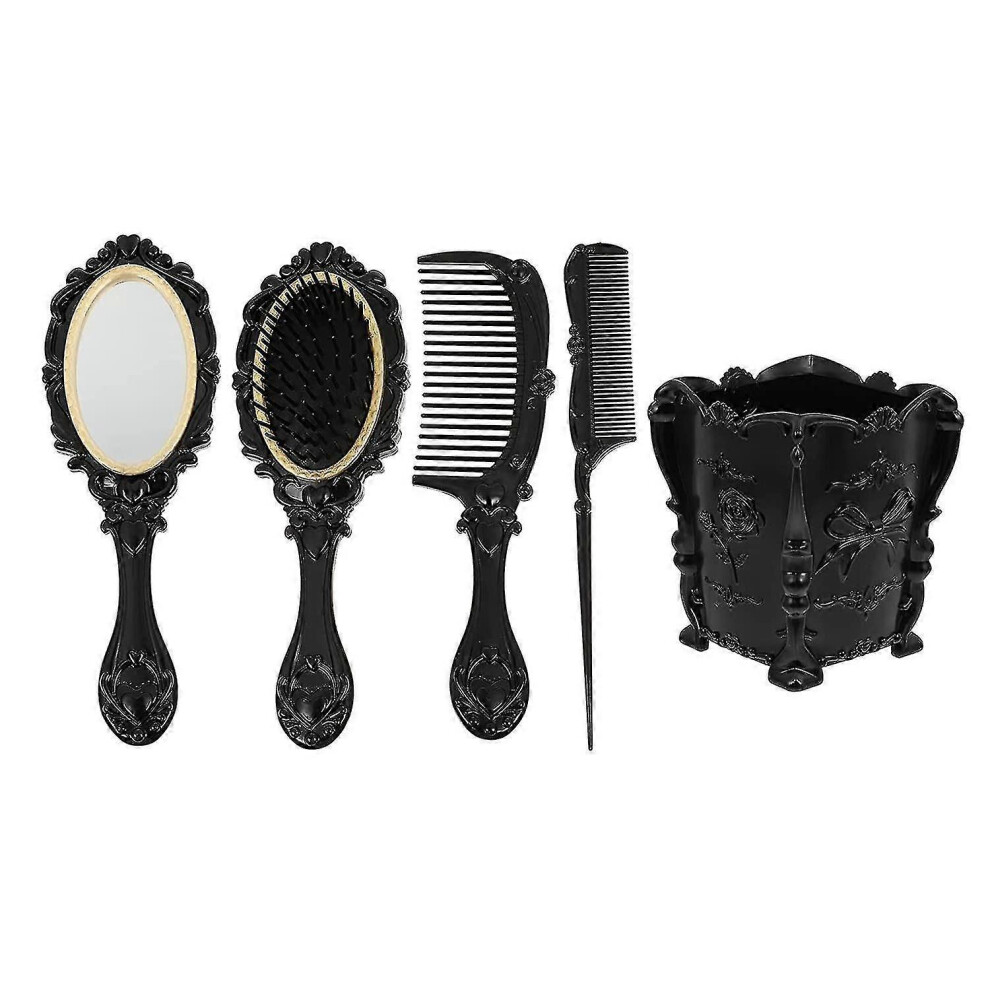 Kikidex (As Show, One Size) 5Pcs Vintage Handheld Mirror Comb Set Vanity Makeup Mirror Hair Brushes Comb Set