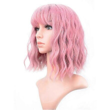 (As show, One size) Soft Wavy Wig With Air Bangs Women's Short Bob Purple Pink Curly Wig (12 Inch), Purple Pink