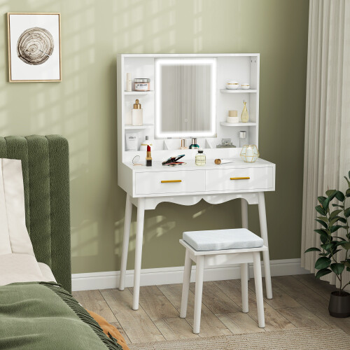 Homcom HOMCOM Dressing Table with LED Lighted Mirror and Cushioned Stool White