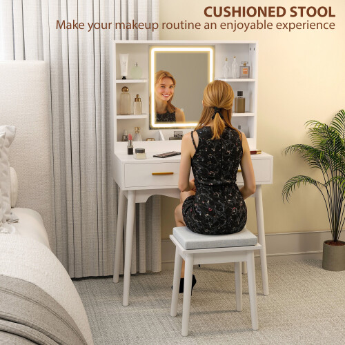 Homcom HOMCOM Dressing Table with LED Lighted Mirror and Cushioned Stool White 1