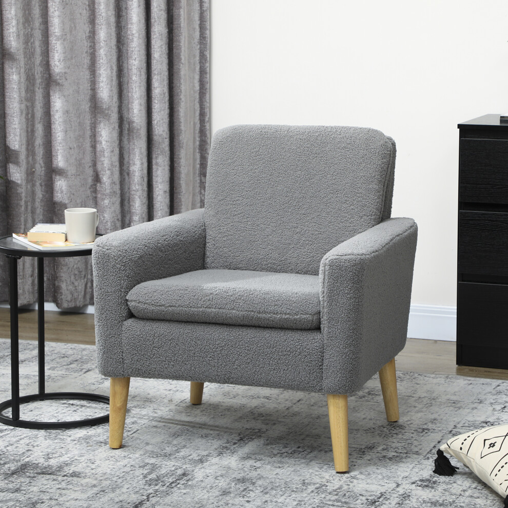 HOMCOM Modern Accent Chair with Wood Legs, Wide Seat, Teddy Armchair, Grey-image-OPC-PHKZNK2-NEW