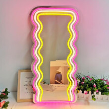 (one-size, pink + white + yellow.) Wavy Mirror Neon Signs for Wall Decor,USBPowered Wall Mounted Decorative Mirror,Funny Preppy Room Decor and Office Decor,The Range Light Up Mirror