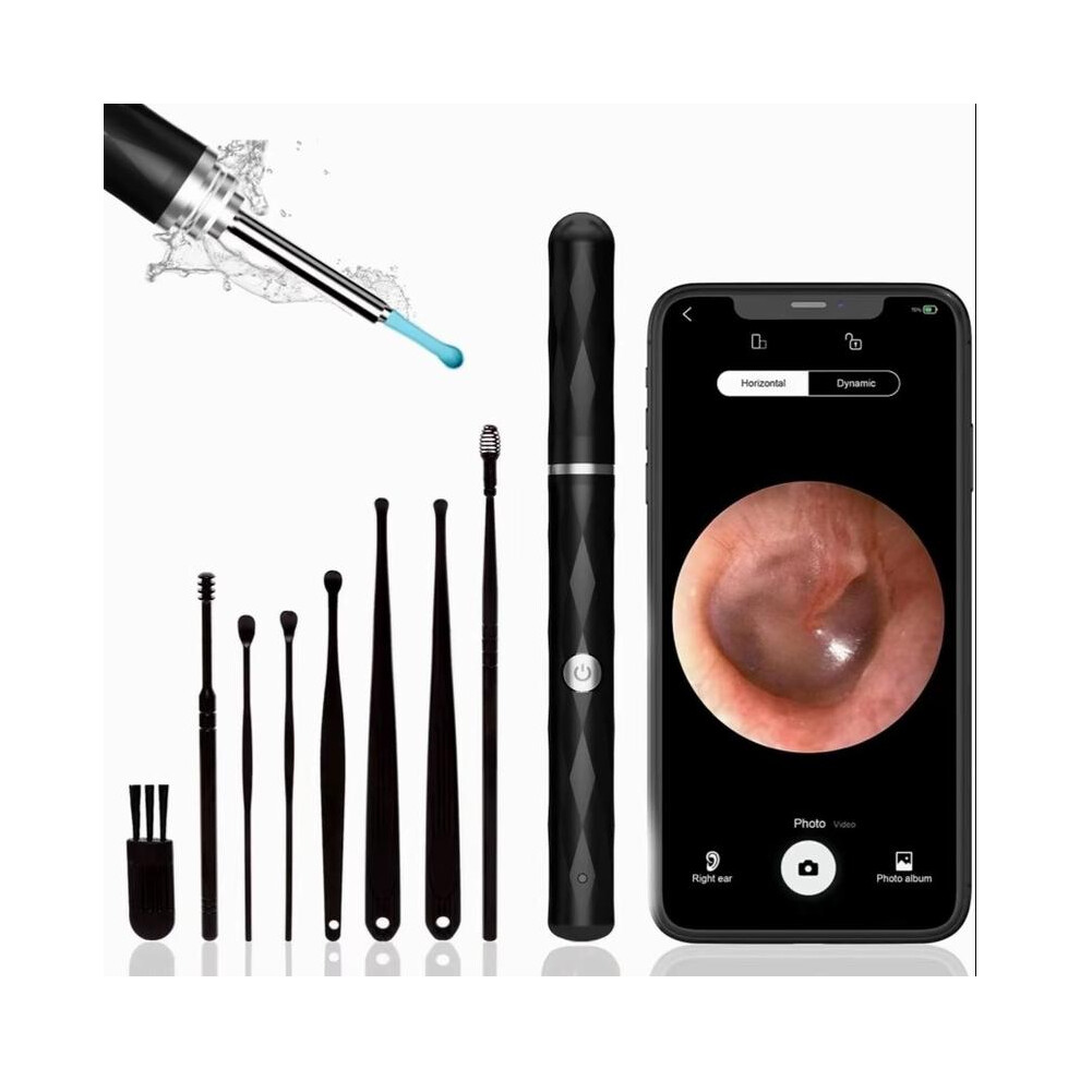 (BLACK (Limited)) A LIFE 1296P Ear Wax Removal, Ear Cleaner with Camera and Light, Ear Wax Removal Kit, Ear Cleaning Tool with 6 Ear Spoon, Ear Camera