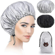 (As show, One size) 2 Piece Shower Cap, Waterproof Elastic Bathing Cap Reusable Hat, Large Hair