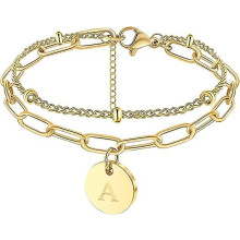 (As show, One size) 18k Gold Initial Bracelets For Teen Girls Women Beaded Initial Charm Bracelet For Women Adjustable Layered Papercilp Link Chain A-z Letter Jewelry Chr