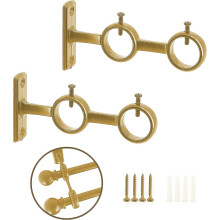 (As show, One size) 2 Pack Double Curtain Rod Brackets For 1" Rod Aluminum Alloy Wall Mounted Rod Holder (gold)