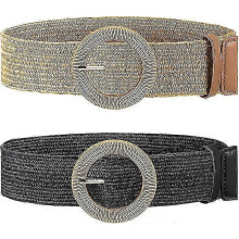 (As show, One size) Women's Braided Straw Belt - Wood Style Buckle Elastic Slim (2pcs)