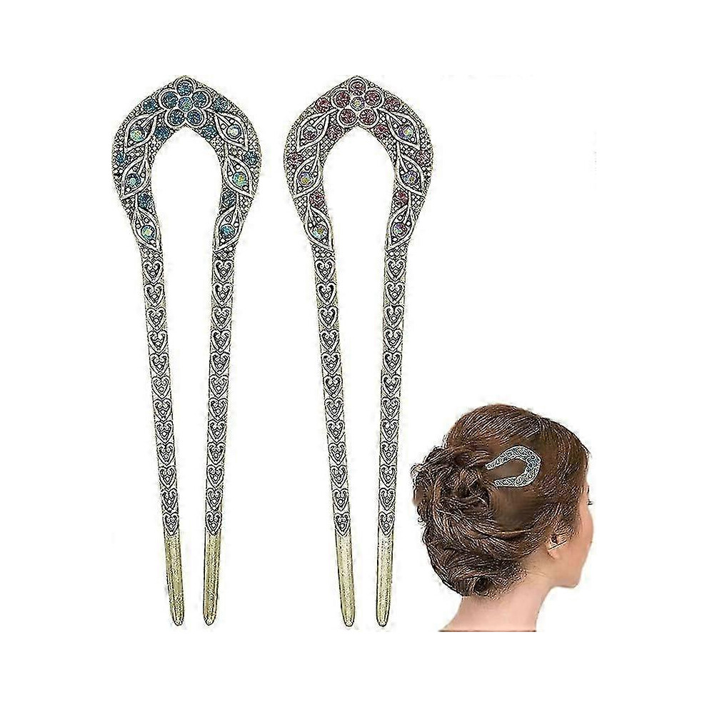 (As show, One size) 2-Pack Vintage Hairpins, Crystal Rhinestone Double Prong Hairpins, Hair Style Bun Hairpins-image-OPC-PHKZSQ9-NEW