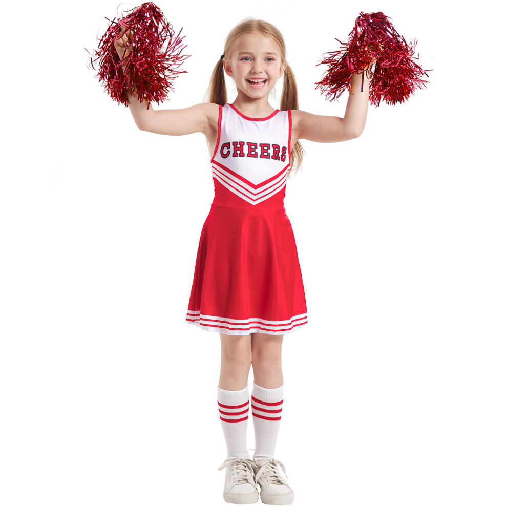 (Red, 110cm) Girls Cheerleader Dress Set - Sleeveless Soccer Pom-Pom Costume with Socks