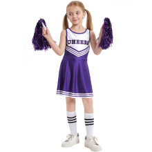 (Purple, 110cm) Girls Cheerleader Dress Set - Sleeveless Soccer Pom-Pom Costume with Socks
