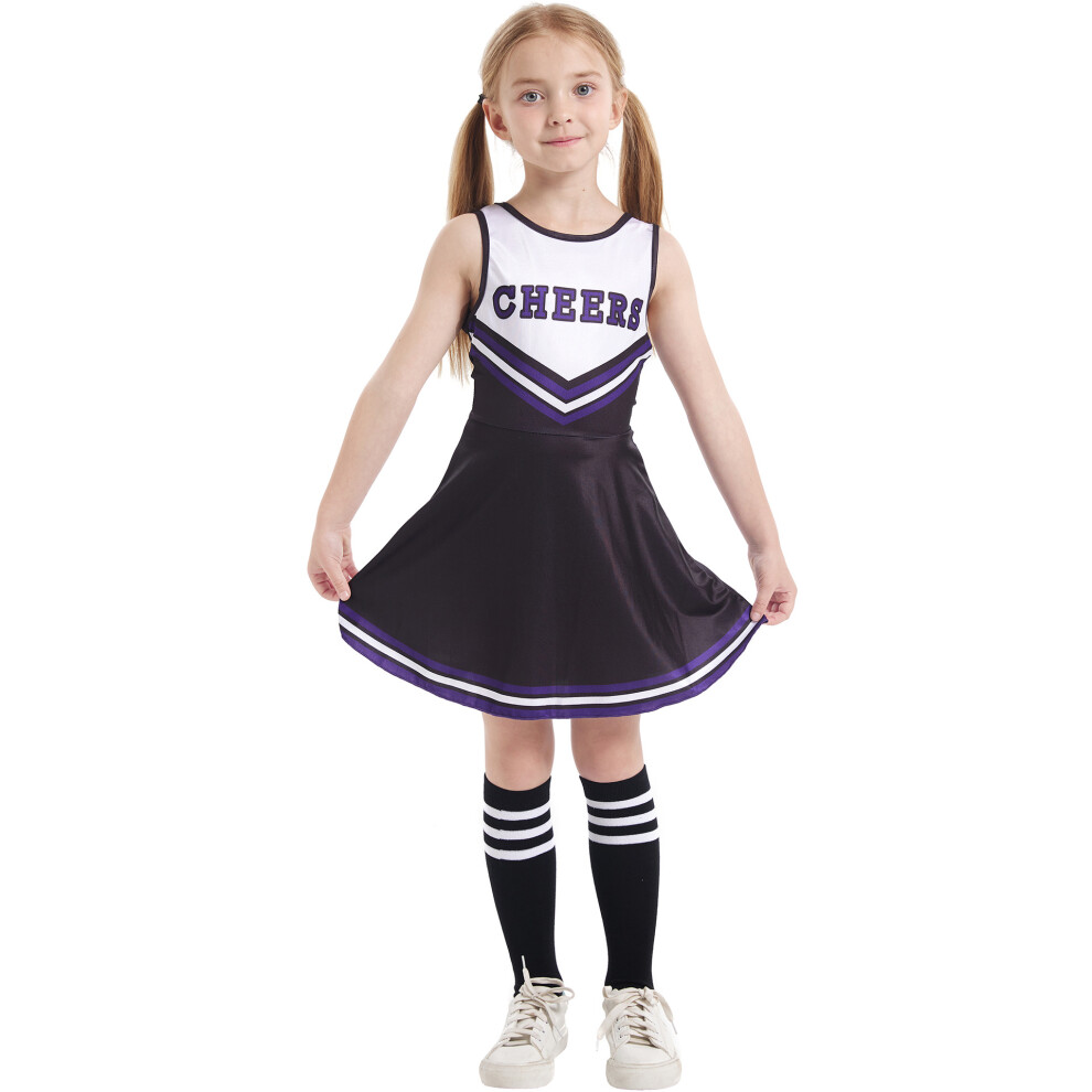 (Black, 150cm) Girls Cheerleader Dress Set - Sleeveless Soccer Pom-Pom Costume with Socks