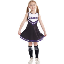 (Black, 140cm) Girls Cheerleader Dress Set - Sleeveless Soccer Pom-Pom Costume with Socks