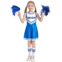 (Blue, 120cm) Girls Cheerleader Dress Set - Sleeveless Soccer Pom-Pom Costume with Socks