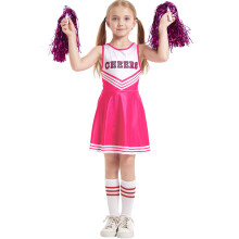 (Rose red, 130cm) Girls Cheerleader Dress Set - Sleeveless Soccer Pom-Pom Costume with Socks
