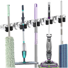 (As show, One size) Mop Broom Holder Wall Mount, Stainless Steel Broom Organizer Wall Mounted Self Adhesive, Garage Laundry Room Garden Organization Tool Storage Rack, He