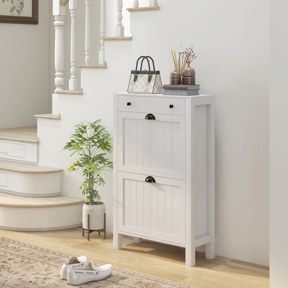HOMCOM Narrow Shoe Cabinet with 2 Flip Drawers and Top Drawer, White