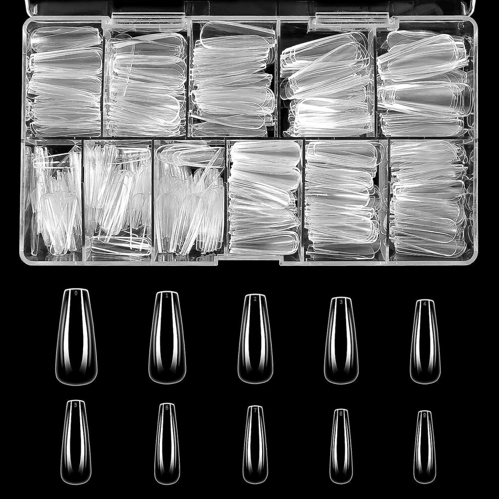 (As show, One size) 500pcs Coffin Fake Nail Tips - Hkfuon Long Ballerina Shaped Nail Tips Full Cover Clear Acrylic Nails, Professional Artificial Fals