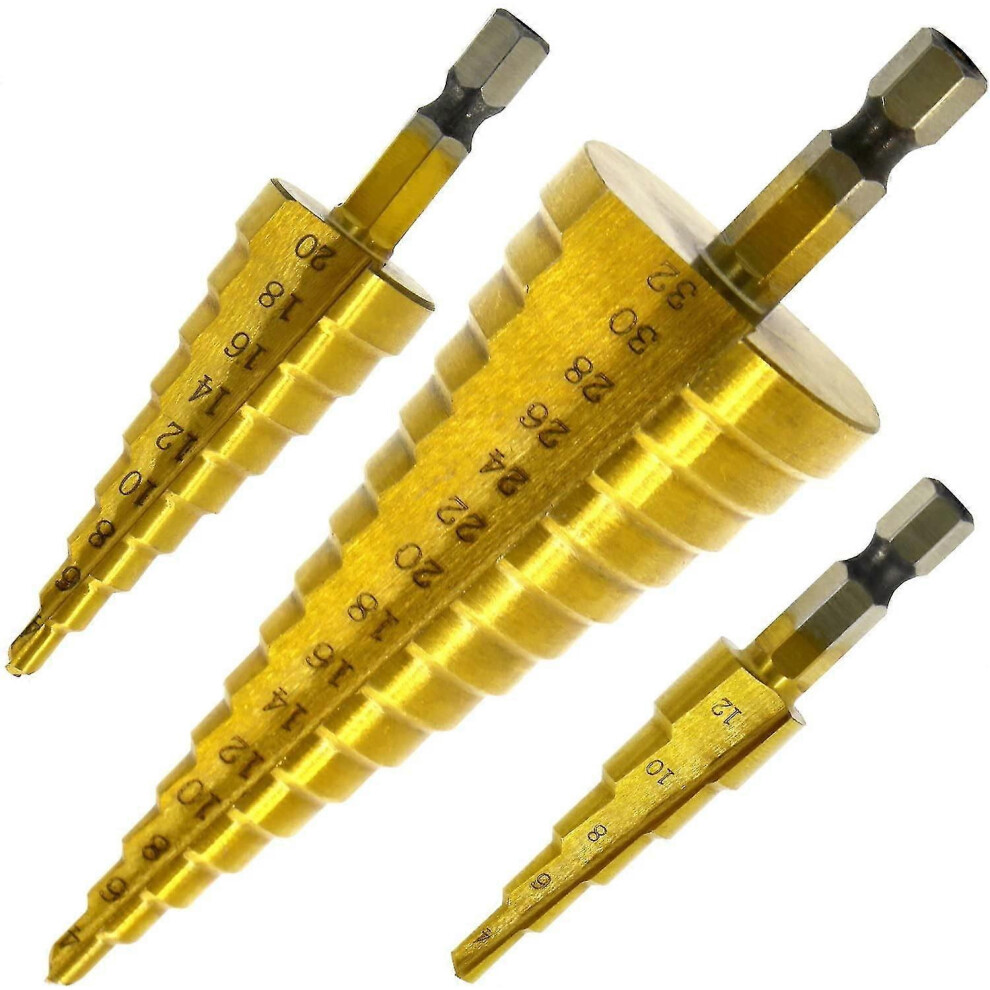 (As show, One size) 3pcs Countersink Drill Bit, Hss Stainless Steel Metal, 4-12 / 20 / 32mm, Triangle Conical Titanium, With Hexagonal Shank-image-OPC-PHM262H-NEW