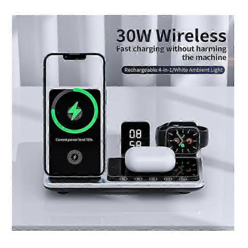 (silvery) 4 in1 Digital Clock Wireless Charger Stand,4 in 1 Foldable Fast Charging Station 2