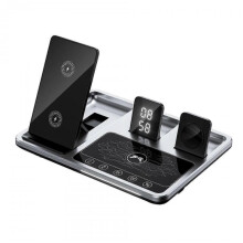 (silvery) 4 in1 Digital Clock Wireless Charger Stand,4 in 1 Foldable Fast Charging Station