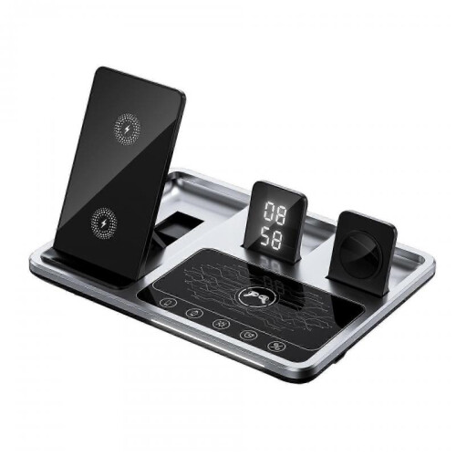 (silvery) 4 in1 Digital Clock Wireless Charger Stand,4 in 1 Foldable Fast Charging Station