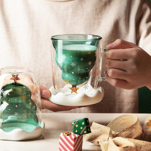 Double Layer Christmas Cup with Lid Coffee Cup High Borosilicate Glass Cup High 1