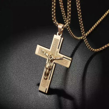 Vintage Jesus Catholic Gold Color Cross Men\ s Prayer Amulet Necklace Religious Pendant with Chain Jewelry