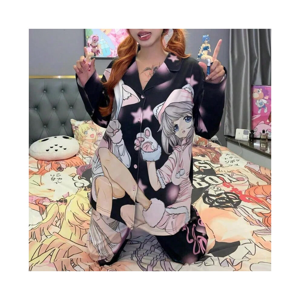 (A, XL) Cute Anime Girl Print Pajamas Women Spring Autumn New Cartoon Cardigan Home Clothes Set Japanese Style Harajuku Trendy Sleepwear